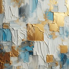 Heavy impasto technique with blue, white, and gold leaf accents creating a rich texture, AI