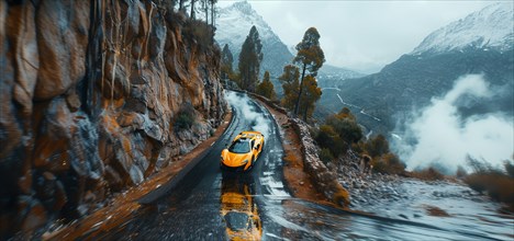 Orange car on a narrow turn in mountainous road surrounded by snow and a cloudy sky, AI generated