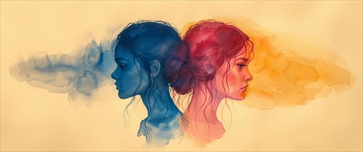 Watercolor art of two women in profile with a blue to red gradient, depicting an emotional and