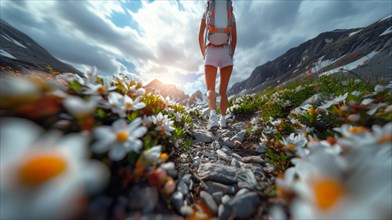 Back view of a hiker with a backpack on a trail through a field of flowers, AI generated