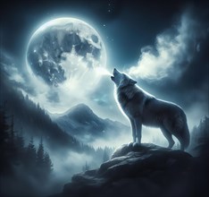 A wolf in a mountainous landscape howls at the full moon, AI generated, AI generated
