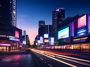 Cityscape at dusk with smart lighting systems adorn towering facades with digital billboards, AI