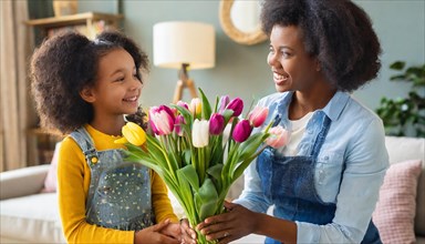 A happy moment between a mother and her daughter holding a colourful bouquet of tulips, symbol of