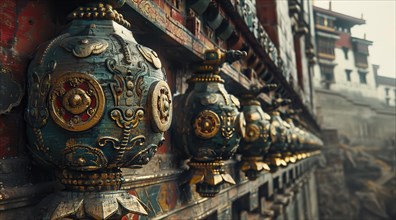 Detailed Tibetan style metal craftwork adorning a traditional building, ai generated, AI generated