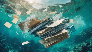 Paper clips and documents swirl around under the surface of the sea, symbolising bureaucracy, AI