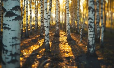 Golden sunlight filtering through a birch forest at sunset AI generated