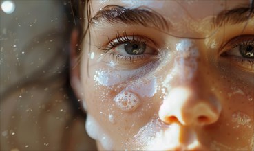 Reflective close-up of a face with clear skin and water drops, freckles in natural light AI