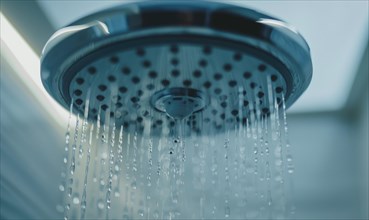 Close-up of a showerhead with water droplets falling down, signifying freshness AI generated
