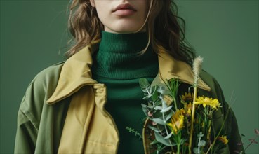 Fashion portrait of a woman in a yellow jacket and green turtleneck, holding flowers AI generated