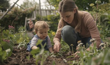 A mother and toddler are planting together in a garden, showcasing nurturing and learning AI