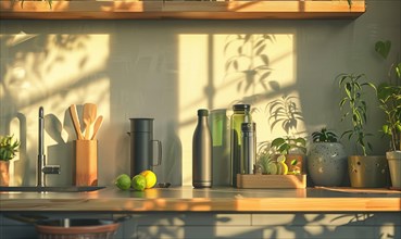 Sunlight casts shadows in a sleek, modern kitchen with greenery and stainless steel appliances AI