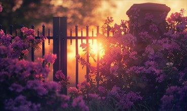 A peaceful sunset seen through a gate adorned with blooming lilacs AI generated