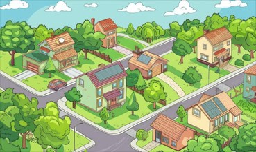 A suburban neighborhood scene with multiple houses, trees, and streets on a sunny day AI generated