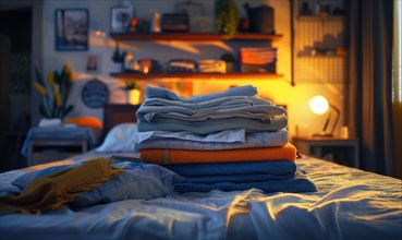 Pile of clean clothes on bed in bedroom at night, soft focus AI generated