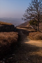 Hiking trail shaded by section of mountain fortress wall in Boeun, South Korea, Asia