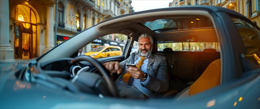A man sitting in a luxury car interior at night, texting on his smartphone, AI generated