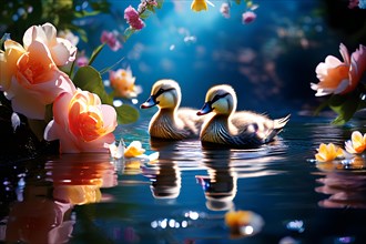 Duck family navigating across a vibrant stream bordered with abundant blossoms, AI generated