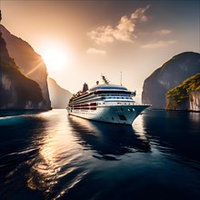 Luxurious cruise ship anchored in secluded bay, AI generated