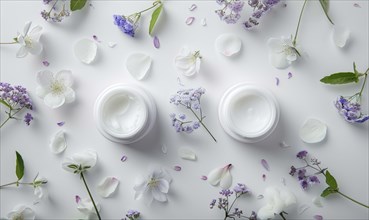 Two creme jar blank mockups nestled amidst delicate flower petals on a white background AI