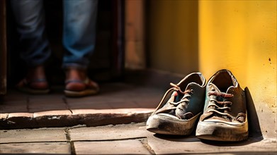 Worn shoes poised on the doorstep, AI generated