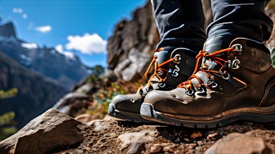 Hikers boots perched on a craggy trail, AI generated