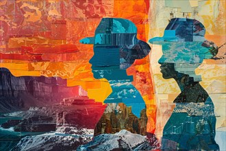 Vibrant abstract collage featuring silhouettes in front of a mountainous landscape, illustration,