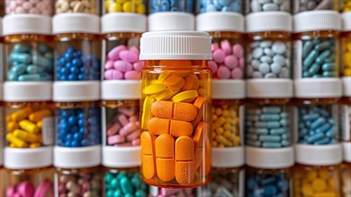 An array of prescription bottles filled with colorful medications, AI generated