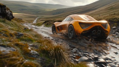 Orange supercar concept crossing a shallow stream in a rural landscape, AI generated