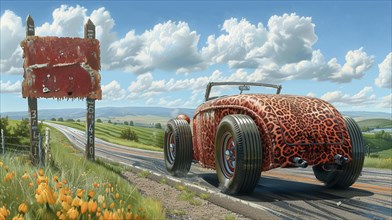 Retro car with leopard design by a rustic roadside in a grassy field, funny cartoon style, AI