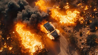 An SUV escapes from a wildfire surrounded by intense flames and smoke, drone aerial view, AI