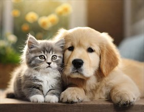 Dog, puppy of a Golden Retriever cuddling with a young cat, AI generated, AI generated