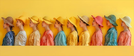 A lineup of women in profile view wearing colorful hats against a yellow background, banner 3:1