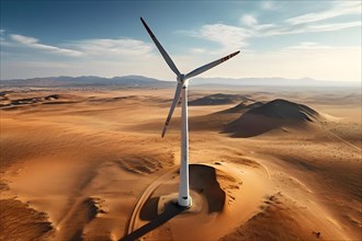 Wind turbine standing idle in a still lifeless desert representing the challenges of transition, AI