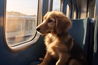 Young dog travelling in train. KI generiert, generiert, AI generated