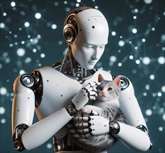 A humanoid robot holds a cat in its arms and strokes it, symbolic image cybernetics, emotion,