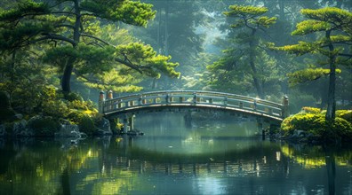 Sunlight filters through pine trees onto a bridge reflected in a vibrant, serene pond, ai
