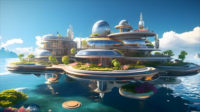 Conceptual floating city on the ocean, AI generated