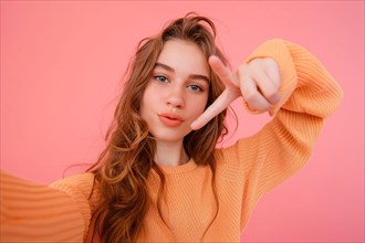 Young teenage girl taking selfie in front of pink studio background. KI generiert, generiert, AI