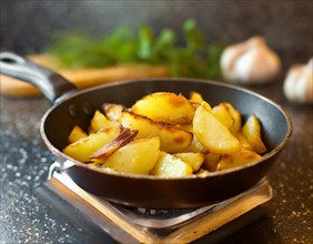 Food, fried potatoes in the pan on the cooker, AI generated, AI generated