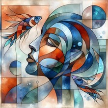 Abstract watercolor with a woman's profile and fish elements, square aspect, AI generated