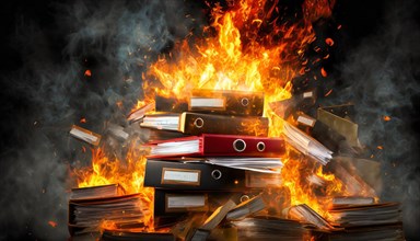 Burning folders with rising smoke on a dark background, symbol bureaucracy, AI generated, AI