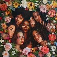 Realistic painting of diverse women with floral adornments and glitter AI generated