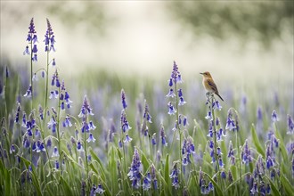 Early morning dew clinging to a field of bluebells and a sitting song bird, AI generated