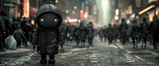 Character in a coat standing alone at night in the rain on a city street, AI generated