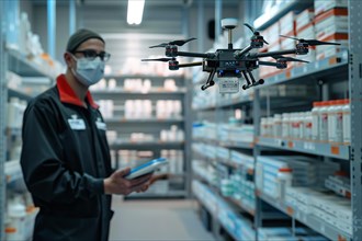 Worker with a mask using a tablet to inventory medical supplies with a drone, AI generated