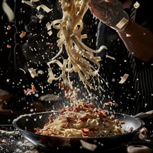 Pasta being tossed in the air with cheese over a pan, against a black background, AI generated