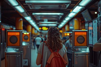 Commuter at a subway station turnstile with warm orange lighting, capturing city movement, AI