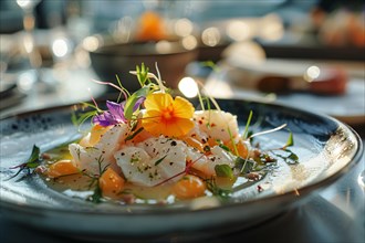 A colorful and fresh ceviche dish with citrus and edible flowers on an elegant plate, AI generated