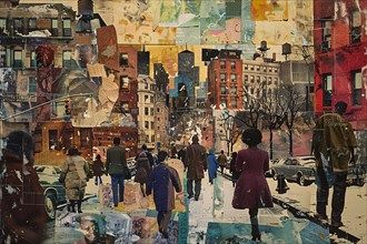 Abstract collage depicting urban life with pedestrians in a wintery city setting, illustration, AI