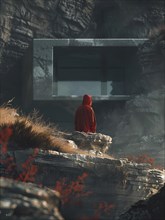 Individual in red on a cliff edge before a modern architectural structure in nature, AI generated